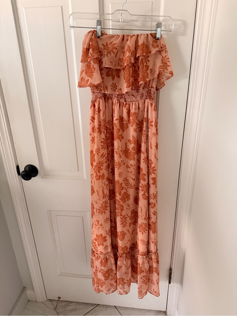 Lulu's Peach Floral Strapless Ruffle Maxi Dress